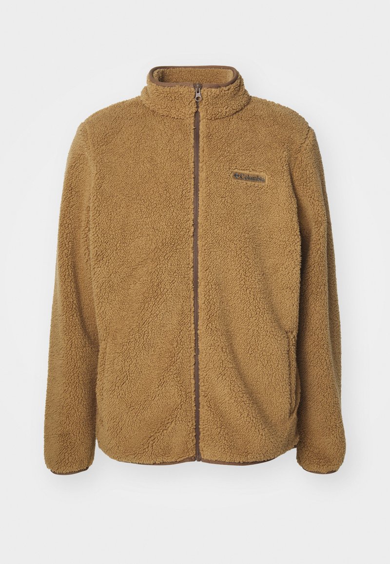 Giacca in pile marrone con colletto alto, zip a tutta lunghezza e rifiniture marroni a contrasto. Presenta un piccolo logo sul lato sinistro superiore.