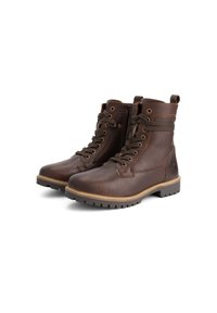 Bruine leren enkelboots met een gestructureerde afwerking, vetersluiting aan de voorkant, zijrits en rubberen zool met diepe profilering voor grip.