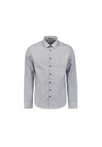 Lange mouwen blouse met knopen in lichtblauw met een geometrisch patroon in marineblauw en rood. Gemaakt van katoen, voorzien van een kraag en zwarte knopen.