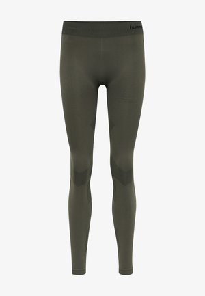 Groene rekbare leggings met een hoge tailleband, voorzien van textuurdetails langs de zijkanten en geometrische patronen in donkere tinten.
