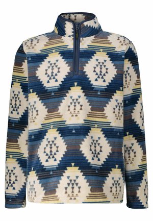 Fleece-Pullover mit halbem Reißverschluss, der ein geometrisches Muster in Marineblau, Beige und Gelb aufweist. Weiche Textur mit langen Ärmeln und Stehkragen.