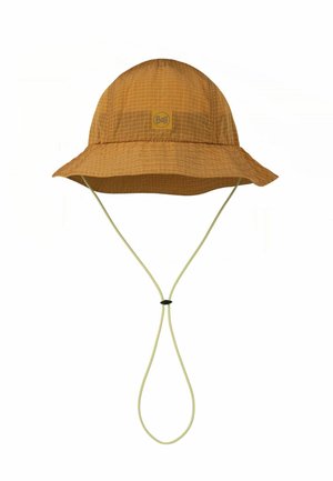 Sombrero tipo bucket de ala ancha color marrón claro con patrón de cuadrícula, correa ajustable para la barbilla con cierre y un pequeño logo "Buff" en la parte delantera.