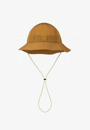 Sombrero tipo bucket de ala ancha color marrón claro con patrón de cuadrícula, correa ajustable para la barbilla con cierre y un pequeño logo "Buff" en la parte delantera.