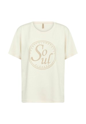 Maglietta a maniche corte color crema con scollo rotondo e design circolare beige con la scritta "Anima Grata e Benedetta".