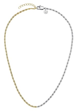 Collar de cadena bicolor con eslabones alternos de oro y plata, que cuenta con un cierre de langosta y una cadena ajustable para variar la longitud.