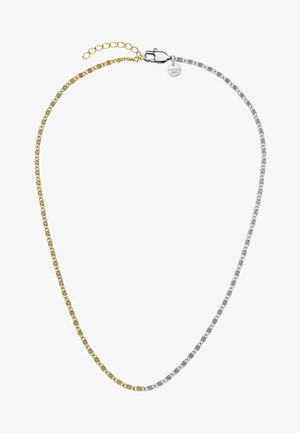 Collier en chaîne bicolore avec des maillons alternés en or et en argent, doté d'un fermoir à homard et d'une chaîne ajustable pour varier la longueur.