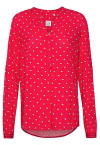 Blusa a pattern rosso con un design geometrico e dettagli azzurri, maniche lunghe, scollo a V e orlo curvo.