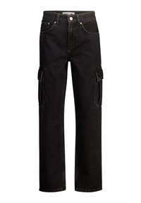 Pantaloni cargo neri in denim con design a gamba dritta. Presentano due tasche laterali e cuciture a contrasto.