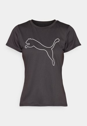 T-shirt de sport noir en tissu lisse avec un logo de chat qui saute en blanc sur le devant, avec une coupe ajustée à manches courtes.