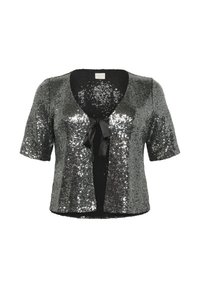 Svart paljettcardigan med korta ärmar, djup V-ringning och framknutning. Texturerad yta med reflekterande paljetter, lättviktig tyg.