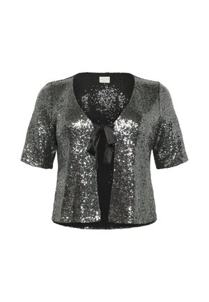 Cardigan nero con paillettes, maniche corte, scollo a V profondo e chiusura anteriore con fiocco. Superficie texturizzata con paillettes riflettenti, tessuto leggero.