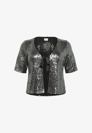 Cardigan negru cu paiete, cu mâneci scurte, decolteu în V adânc și un închidere prin legare în față. Suprafață texturată cu paiete reflectorizante, material ușor.