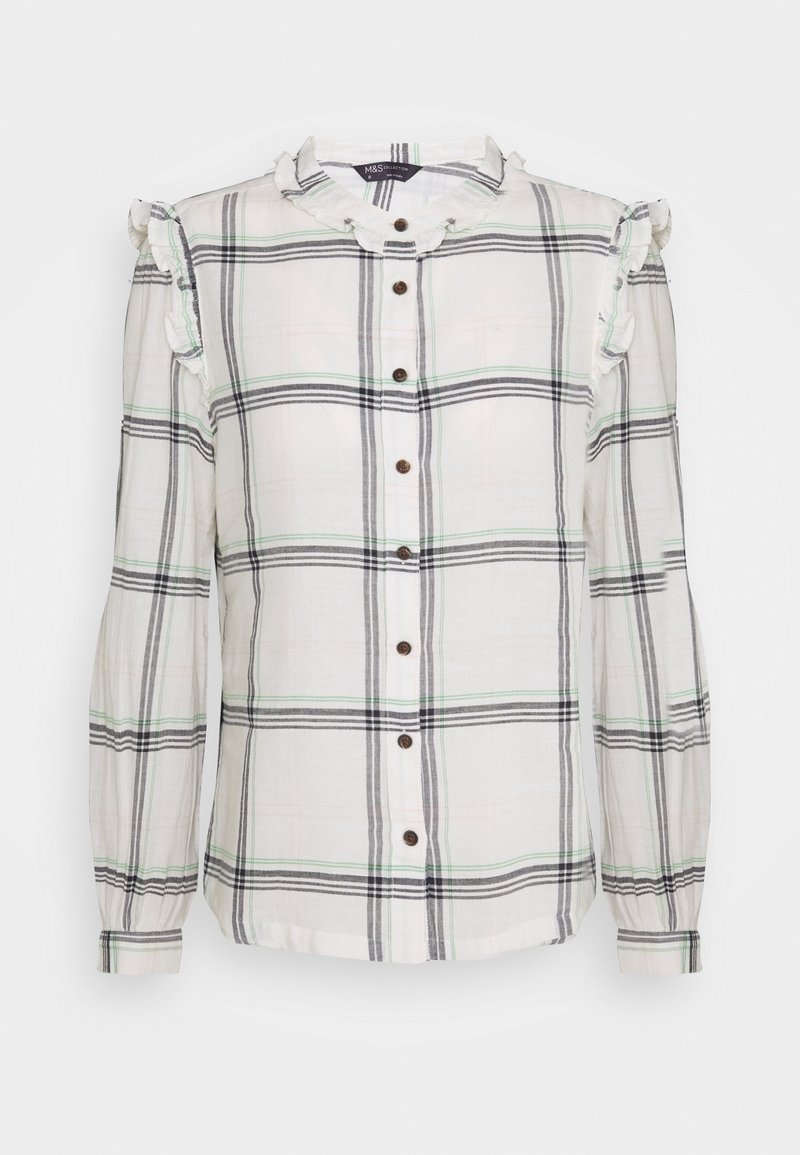 Wit geruit overhemd met zwarte, groene en grijze strepen, voorzien van een gerimpelde kraag en manchetten, en met bruine knopen aan de voorkant.