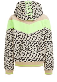 Hoodie con stampa leopardata, pannelli chevron beige e verde neon, polsini a coste e testo verde neon sulla cappuccio.