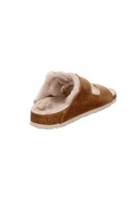 Brown leather slide sandal with a soft, fluffy interior lining. Cork footbed and white rubber sole. Features no visible hardware or branding.