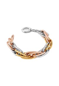 Schakelarmband met onderling verbonden metalen schakels in zilveren, roségouden en geelgouden tinten, met een veilige sluiting. Gladde, glanzende afwerking.
