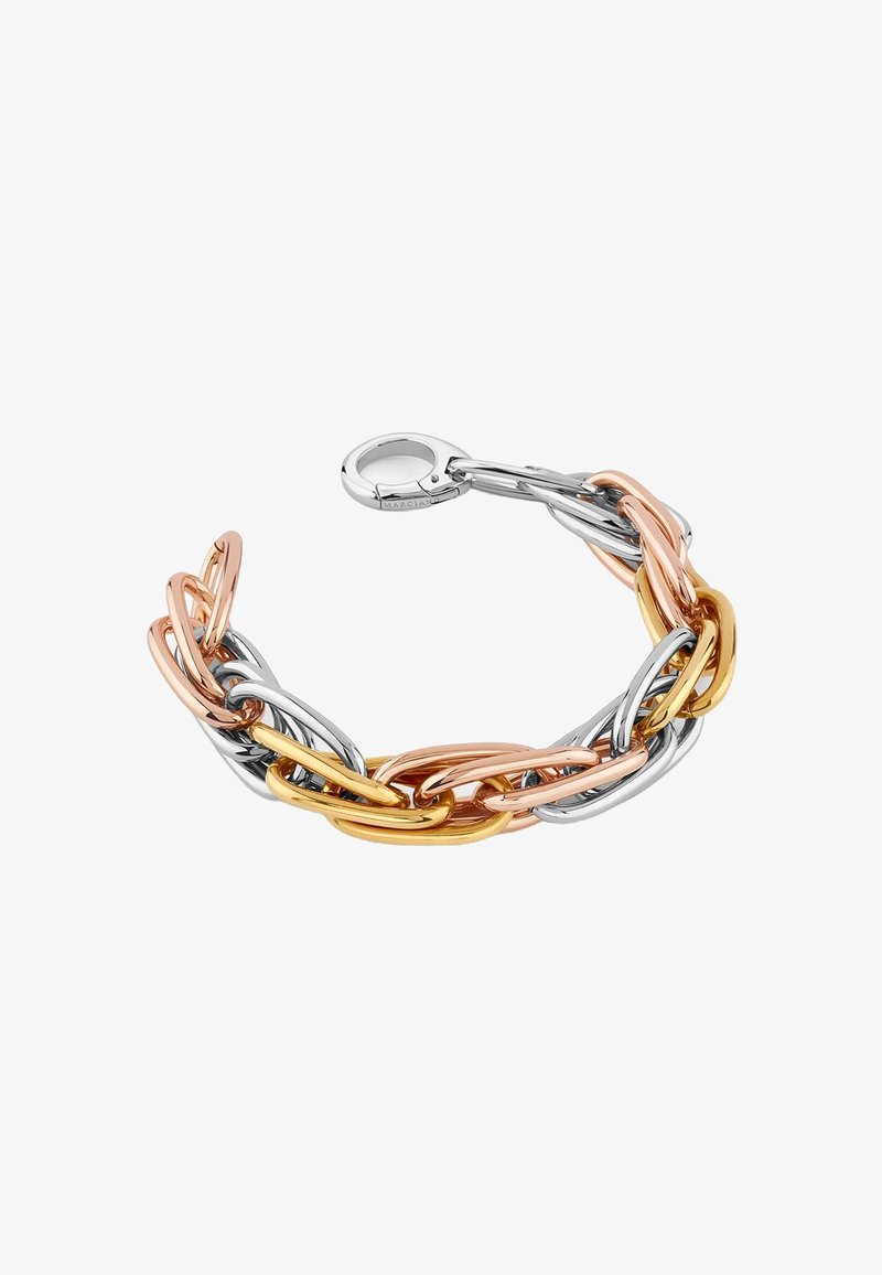 Schakelarmband met onderling verbonden metalen schakels in zilveren, roségouden en geelgouden tinten, met een veilige sluiting. Gladde, glanzende afwerking.
