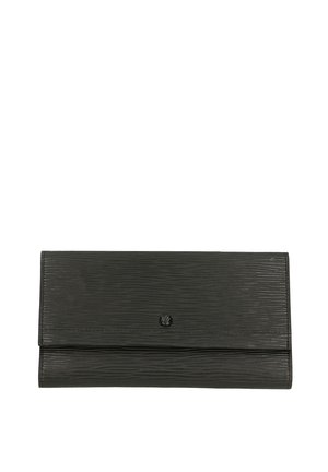 Black wallet with a textured surface, featuring a smooth flap closure and a single round button accent. Rectangular shape, no additional details.