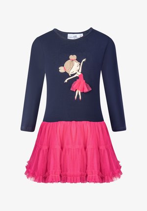 Marineblå langærmet kjole med lyserødt tylskørt og broderet ballerina iført lyserødt tutu på brystet.