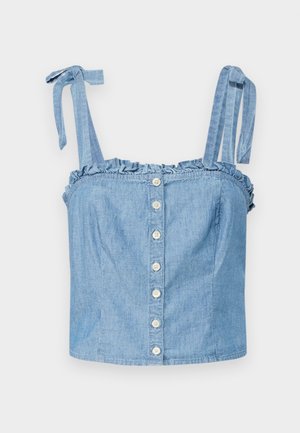 Haut en denim bleu clair avec encolure festonnée, bretelles à nouer réglables et fermeture à boutons à l'avant avec six boutons ronds contrastés.