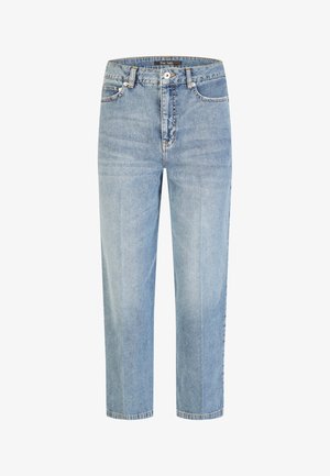 Hellblaue Jeans mit hoher Taille und geradem Bein, mit vorderem Knopf-, Reißverschluss- und Fünf-Taschen-Design.