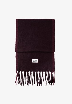 Burgundy scarf made of soft fabric, featuring fringed edges and a branded tag. Simple, rectangular design.