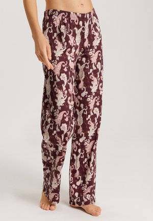 Pantaloni a fantasia floreale, dal fit morbido, in bordeaux con motivi paisley bianchi e rosa. Presentano una vita elasticizzata e gambe dritte.