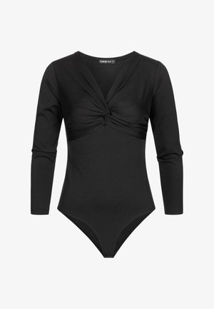 Sort langærmet bodysuit med dyb V-udskæring og tvistet frontdetalje, lavet af blødt, strækbart stof. Har et klassisk thong-snits neders.