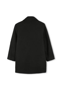 Svart ullkåpe med løs passform, lange ermer og spiss krage. Glatt tekstur og midtlang design. Ingen synlige lukninger eller mønstre.