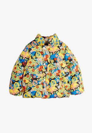 Bunte Kinder-Steppjacke mit leuchtendem Blumenmuster, Druckknopfverschluss vorne, seitlichen Taschen und hohem Kragen auf einem weißen Hintergrund.