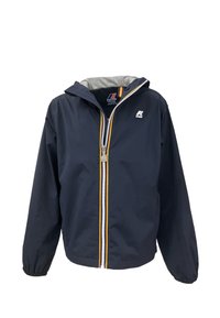 Giacca leggera color blu navy con cappuccio, dotata di fodera grigia, zip completa con dettagli gialli e bianchi e logo sul petto.