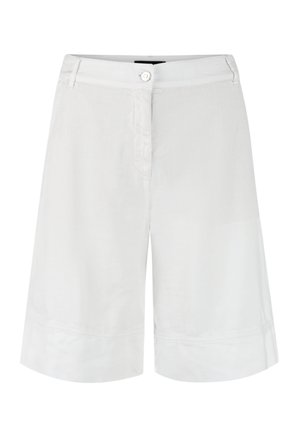 Weiße Shorts bis zum Knie mit Knopf- und Reißverschluss, Gürtelschlaufen und umgeschlagenen Säumen.