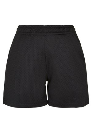 Schwarze Sportshorts aus Netzstoff, mit einem elastischen Bund und einer lockeren Passform. Minimalistisches Design ohne Muster oder Verzierungen.