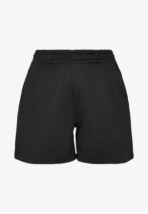 Mustad mustrid spordipüksid, mis on valmistatud võrgulisest kangast, elastse vöökoha ja lõdva lõikega. Minimalistlik disain, ilma mustrite või kaunistusteta.