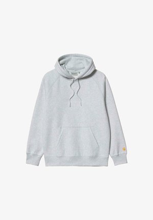 Gray hooded sweatshirt with raglan sleeves, front pocket, and drawstring. Soft texture with a small logo on the sleeve.
