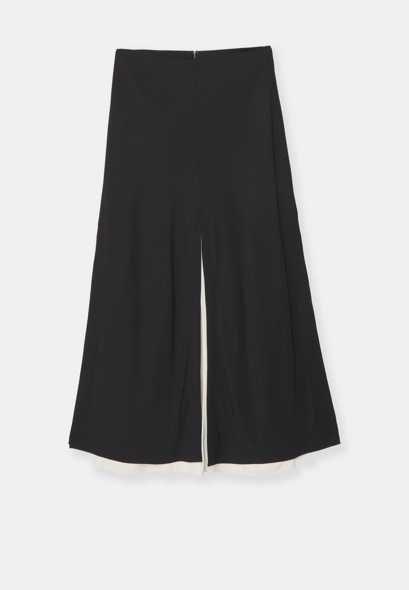 Black wide-leg trousers with a front split, featuring a smooth texture and a contrasting white lining at the hem. Back zipper closure.