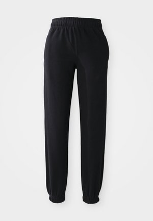 Pantaloni da tuta neri con vita elastica, polsini affusolati e una texture liscia, senza loghi o motivi visibili.