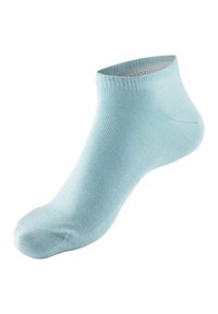 Hellblaue Knöchelsocken aus weichem, dehnbarem Stoff mit einem gerippten Bündchen und glatter Textur, designed für Komfort und einfaches Tragen.
