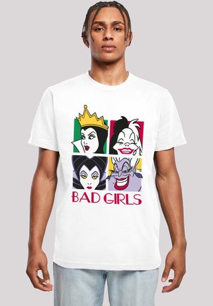 White t-shirt featuring graphic of four cartoon characters with vibrant colors and the text "BAD GIRLS" in red at the bottom.