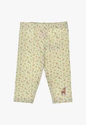 Light green toddler leggings with small pink and orange floral print and a brown deer patch near the left hem.