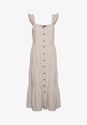 Beige linane kleit siserõhutatavate rätikute, V-kaeluse, nööpidega ees ja kihilise seelikuotstega. Sulgemiseks on ringikujulised nööbid.