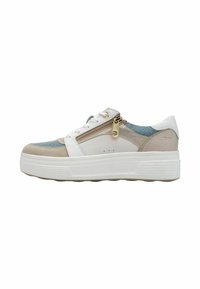 Scarpe sportive con un design bianco, beige e blu. Presentano una tomaia texture, una cerniera laterale e una suola spessa bianca.