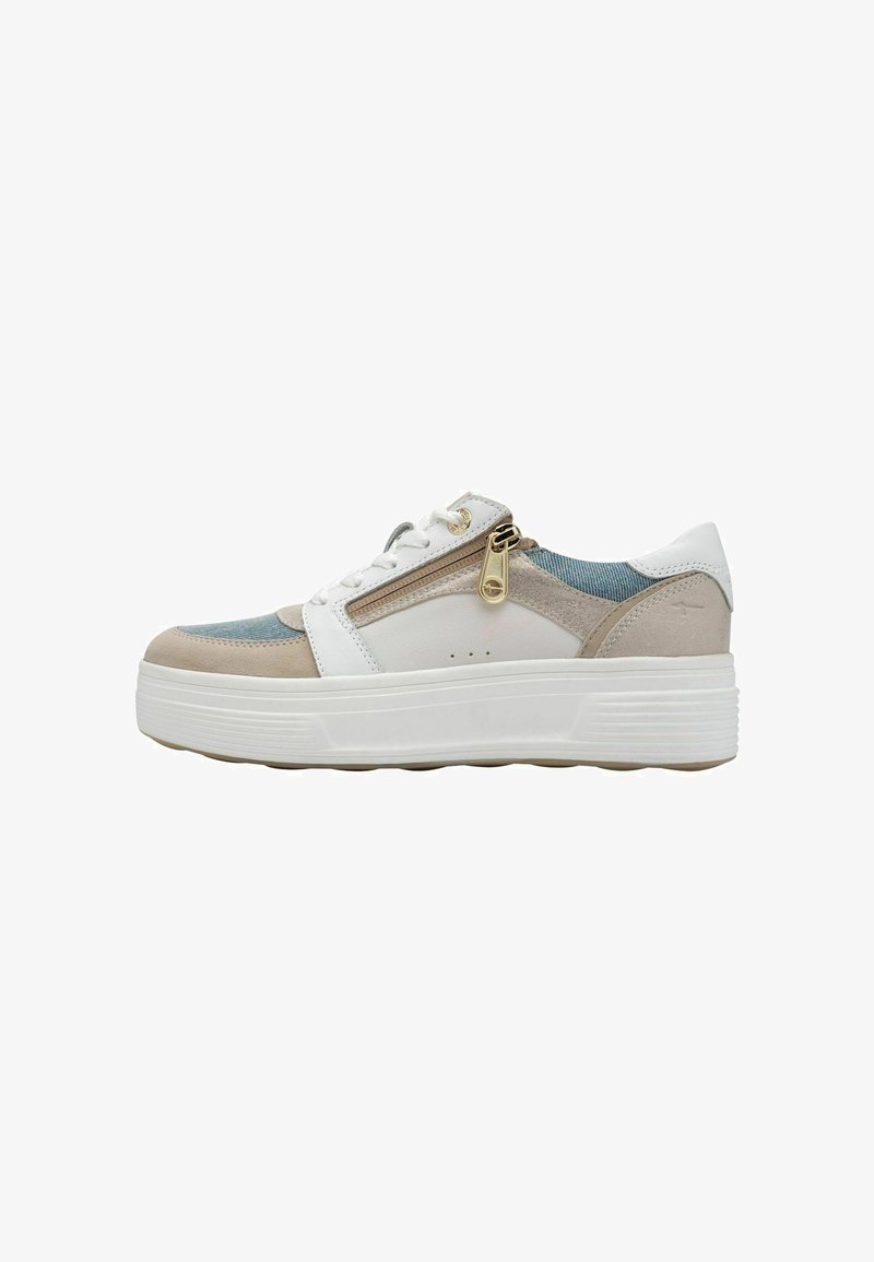 Scarpe sportive con un design bianco, beige e blu. Presentano una tomaia texture, una cerniera laterale e una suola spessa bianca.