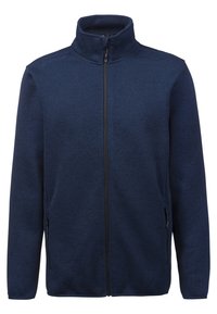 Giacca in pile blu navy con zip, colletto alto, tasche laterali e tessuto testurizzato. Presenta una zip liscia e una marcatura minima sulla spalla.