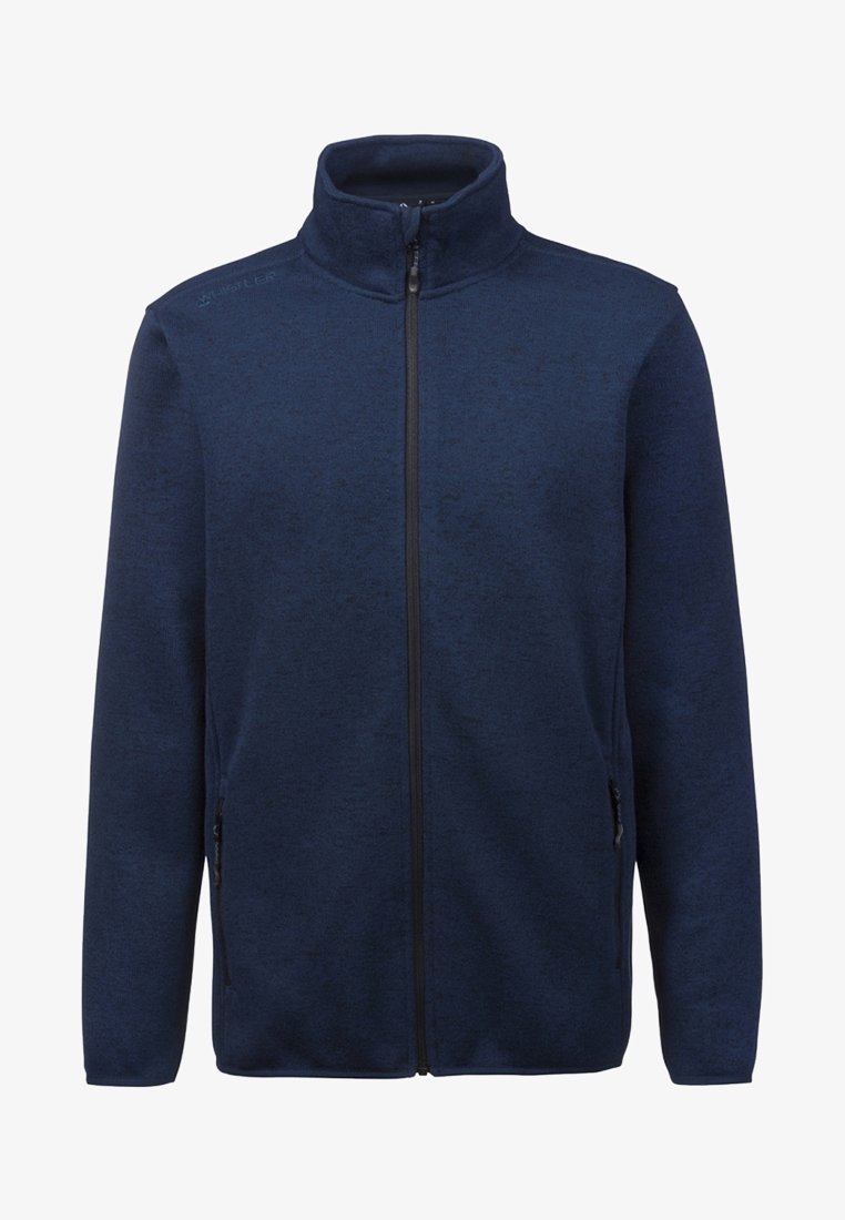 Navy blue zip-up fleece jacket with high collar, side pockets, and textured fabric. Features a smooth zipper and minimal branding on the shoulder.