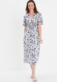 Blumen-Midi-Kleid in Blau und Weiß, mit V-Ausschnitt, kurzen Ärmeln, elastischem Bund und einer fließenden Silhouette aus leichtem Material.