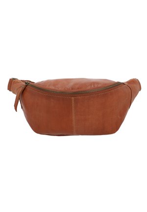 Braune Lederbauchtasche in runder Form, mit einem oberen Reißverschluss und einem seitlichen Gürtel für eine verstellbare Tragweise. Geschmeidige Textur mit sichtbaren Nähten.