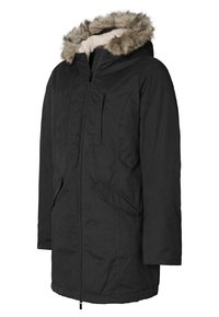 Černá parka bunda s kapucí lemovanou kožešinou, zapínáním na zip, dvěma předními kapsami a texturovanou látkou. Středně dlouhý střih pro teplo.