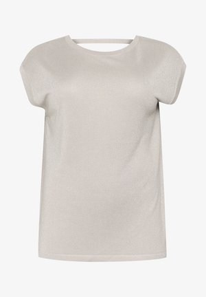 Locker sitzendes, hellgraues Oberteil aus geripptem, schimmerndem Stoff. Hat einen runden Ausschnitt und kurze Ärmel. Einfaches und minimalistisches Design.