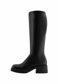 Knee-high black boots made of smooth synthetic material, featuring a square block heel and minimalistic seams for a sleek design.
